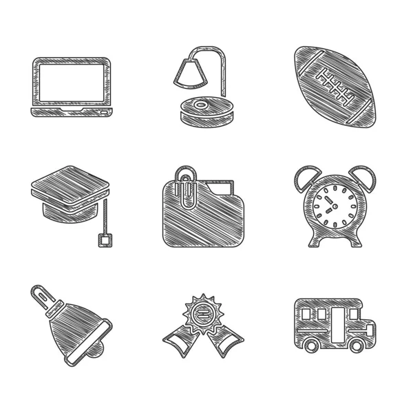 Set Document folder with clip, Medal, School Bus, Alarm clock, Ringing bell, Graduation cap, American football ball and Laptop icon. Vector — Stock Vector