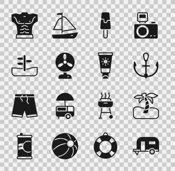 Rv Kamp karavanı, Tropikal palmiye ağacı, Anchor, dondurma, elektrik vantilatörü, trafik levhası, vücut geliştirici kas ve güneş kremi ikonu. Vektör