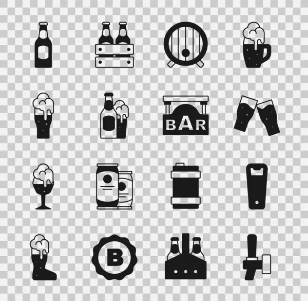 Set de grifo de cerveza, abridor de botellas, vaso de cerveza, barril de madera, botella y vidrio, y letrero de la calle con icono de la barra. Vector — Archivo Imágenes Vectoriales