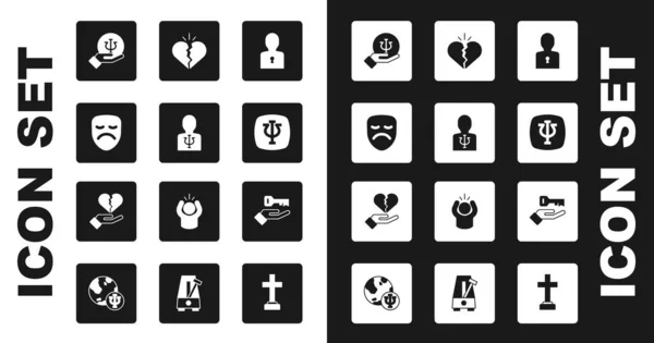 Set Solution to the problem, Psychology, Psi, Drama theatrical mask, Broken heart or divorce, and icon. Vector — Vector de stock