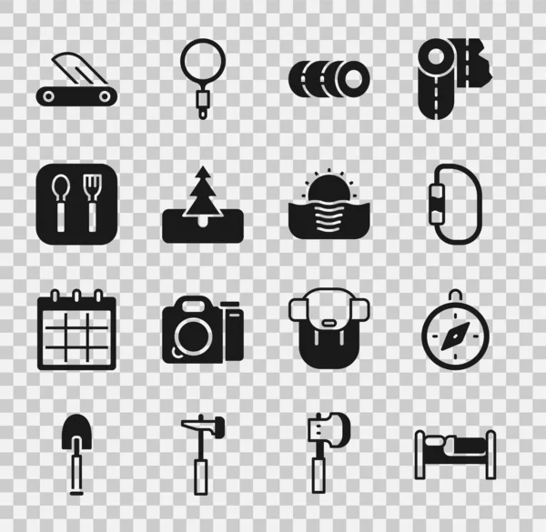Set Bed, Compass, Carabiner, Blanket roll, Tree, Fork and spoon, Swiss army knife and Sunrise icon. Vector — Stockvector