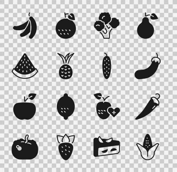 Встановити Corn, Hot chili pepper, Eggplants, Broccoli, Pineapple, Watermelon, Banana і Cucumber icon. Вектор — стоковий вектор