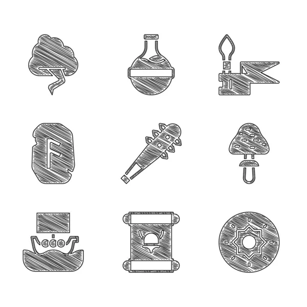 Set Mace with spikes, Decree, parchment, scroll, Shield viking, Mushroom, Viking ship Drakkar, Magic rune, Medieval spear and Cloud and lightning icon. Vector — Archivo Imágenes Vectoriales