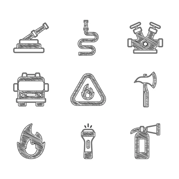 Set Fire flame in triangle, Flashlight, extinguisher, Firefighter axe, truck, hydrant and hose reel icon. Vector — Stok Vektör