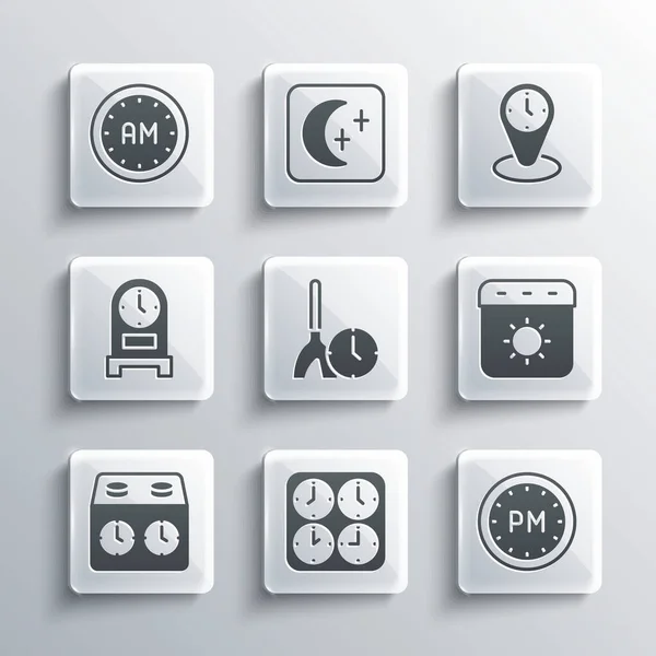 Set Time zone clocks, Day time, Calendar summer, Cleaning, chess, Antique, Morning and icon. Vector — Image vectorielle