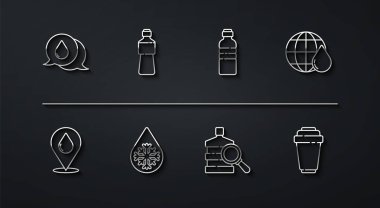 Konuşma baloncuklarıyla su damlasını ayarlayın, konum, Dünya gezegeni suyun içinde, büyük şişe temiz, çözünen, bir şişe, filtre kartuş ve ikon. Vektör