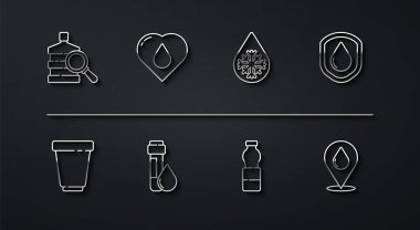 Büyük şişe temiz su, su filtresi kartuşu, su geçirmez, şişe, tüp damla, kalp, yer ve çözünürlük simgesi. Vektör