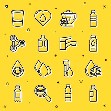 Bir şişe su, temiz su geri dönüşümü filtresi, büyük şişe, H2O için kimyasal formül, cam ve musluk ikonu. Vektör