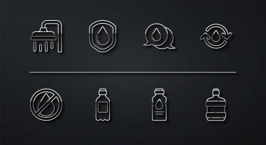 Duş başlığını, su damlasını, temiz suyu, bir şişe suyu, su geçirmez şişeyi ve konuşma baloncukları ikonunu ayarlayın. Vektör