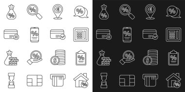 Satır Evi 'ni indirimli, finans belgesi, güvenli yer, nakit konumu, yüzde ve cep telefonu, kredi kartı silme, para çantası yüzde ve ikon ile ayarla. Vektör