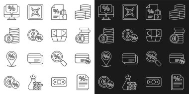 Satır Finans belgesi,% 100 indirimli kart, Sikke para Euro sembolü ve kilit, Para madeni para, dolar, yüzde indirim monitörü ve kağıt para ikonu. Vektör