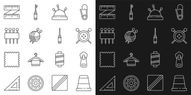 Dikiş, fermuar, dikiş düğmesi, örgü iğnesi, iğne iğnesi, ip yumağı, mezura ve Awl alet ikonu için çizgi yüksüğü ayarlayın. Vektör