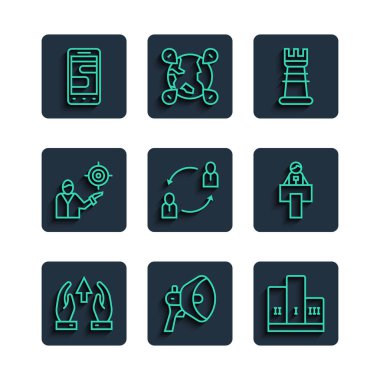 Çizgi çizelge ve ilerleme, Megaphone, kazanan podyum, iş stratejisi, insan kaynakları, pazarlama hedefi, Sohbet mesajları ve sahne standı veya tribün ikonu ödülleri. Vektör