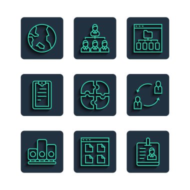 Sıralama Yıldızı, Tarayıcı dosyaları, kimlik kartı, yapboz parçası, kontrol listeli pano, Dünya küresi ve İnsan Kaynakları simgesi. Vektör