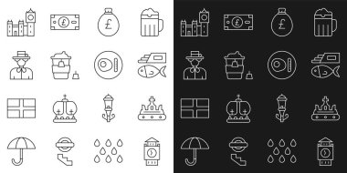 Büyük Ben kulesi, İngiliz tacı, balık ve patates kızartması, para torbası, kahve fincanı, Kraliçe Elizabeth ve kahvaltı ikonu. Vektör