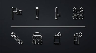 Çizgi belirleyici, zincir halkası, gaz maskesi, el bombası, polis kauçuk copu, biber gazı ve ikon. Vektör