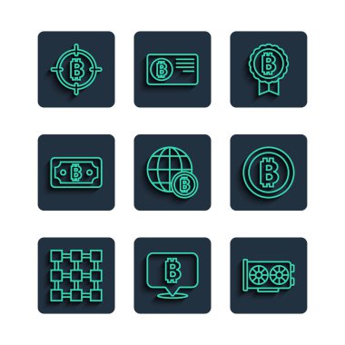 Blockchain teknolojisi, Bitcoin, Video grafik kartı, Globe, Cryptocurrency bitcoin, hedef ve simge. Vektör