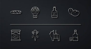 Cigar, Fasulye, Pinata, Kertenkele, Meksika kafatası, tekila şişesi, cam ve ikon. Vektör