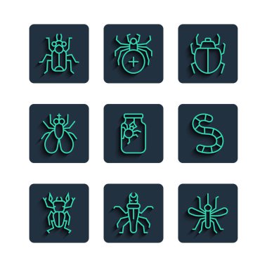 Sıraya girin Böcek geyiği, Termit, Sivrisinek, Mite, Kavanozdaki Örümcek, Böcek sineği, Böcek ve Solucan ikonu. Vektör