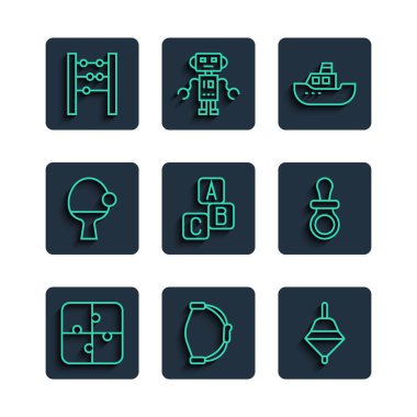 Hat oluşturma oyuncağı, Bow, Whirligig, Oyuncak bot, ABC blokları, raket ve top, Abaküs ve Bebek Emzik ikonu. Vektör