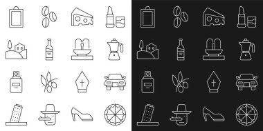 Pizza, Araba, Kahve makinası, Peynir, Şişe şarabı, Köy manzarası, Resim ve Çeşme ikonu. Vektör