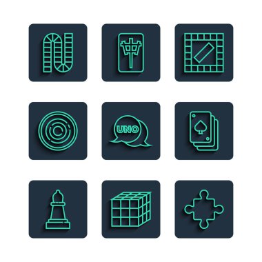 Satranç, zeka küpü, bulmaca parçaları oyuncağı, masa oyunu, Uno kart, Checker çipleri ve iskambil simgesi. Vektör