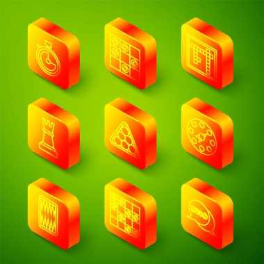 Çizgi Stopwatch, tahta dama oyunu, Bingo, Satranç, Bilardo topu üçgeni, Twister, Tavla tahtası ve simge. Vektör