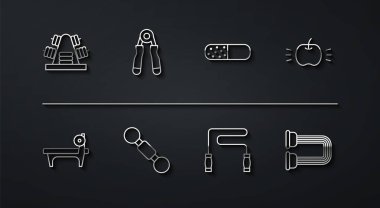 Metal rafı ağırlıklar, Bench barbel, Apple, Zıplama ipi, Dumbbell, Spor açıcı, Göğüs ve Vitamin hapı ikonu ile ayarla. Vektör