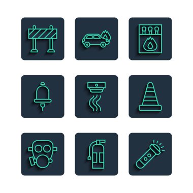 Gaz maskesi, yangın söndürücü, el feneri, kibrit kutusu, duman alarmı, zil, yol bariyeri ve trafik konisi ikonu. Vektör