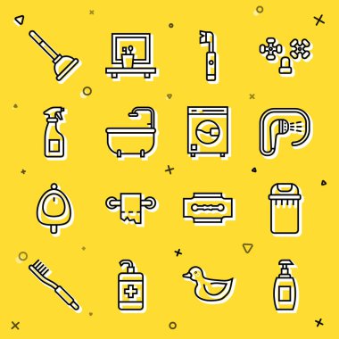 Sıvı sabun, çöp tenekesi, duş, elektrikli diş fırçası, küvet, temizlik spreyi, lastik pompa ve çamaşır makinesi. Vektör