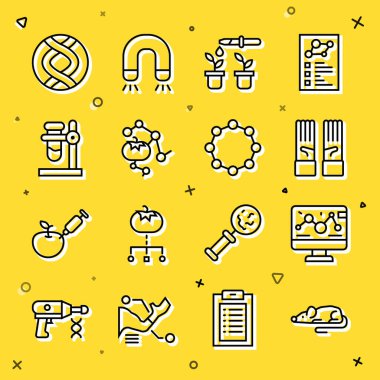 Sınır çizgisi deneysel fare, Genetik mühendisliği modifikasyonu, Tıbbi lastik eldivenler, Pipette ve bitki, genetik olarak değiştirilmiş gıdalar, deney tüpü standı, DNA sembolü ve kimyasal formül ikonu. Vektör