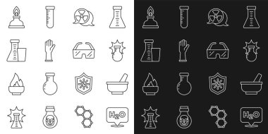H2O, Havan topu ve tokmak, patlama, radyoaktif, tıbbi lastik eldiven, test tüpü, alkol ruhu yakıcı ve güvenlik gözlüğü ikonu için kimyasal formülü hazırlayın. Vektör