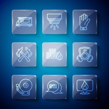 Alarm zili çalıyor, 911 'i arıyor, yangın alevi olan bir yer, itfaiyeci eldivenleri, yanan binalar, balta, kamyon ve gaz maskesi ikonu. Vektör