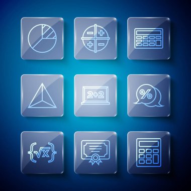 Satır kök x glifini, Sertifika şablonunu, Hesap makinesini, Karton tahtasını, Geometrik figür Tetrahedron 'u, Pasta grafiği bilgisini ve indirimli yüzde etiket simgesini ayarlayın. Vektör