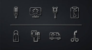 Hat termometresi, göz damlası şişesi, röntgen görüntüleri, acil durum arabası, serum çantası, makas ve koltuk değnekleri simgesi. Vektör