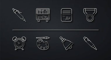 Satır satırı, kalem, alarm saati, madalya, zil, paletli boya fırçası, raf kitapları, kalem ve sınav kağıdı artı not simgesi. Vektör