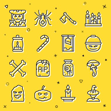 Cadı, Psilocybin mantarı, şeker için balkabağı sepeti, tahta balta, Noel şeker kamışı, kamp feneri ve giyotin ikonu. Vektör