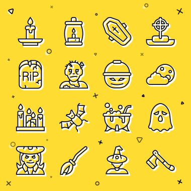 Tahta balta, Hayalet, Ay ve yıldızlar haçlı tabut, zombi maskesi, Tombstone RIP yazılı, şeker ikonu için yanan mum ve balkabağı sepeti. Vektör