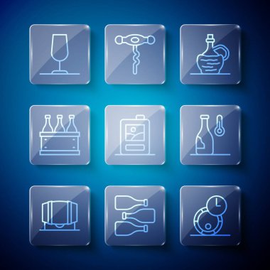 Şarap için ahşap fıçı, şarap şişeleri, İtalyan fiyaskosu şişesi, karton kutu, cam ve sıcaklık ikonu. Vektör