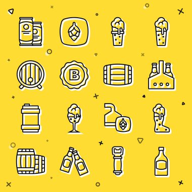 Çizgili bira şişesi, çaylak bira bardağı, bir paket şişe şişe, şişe kapağı, tahta fıçı, kutu ve ikon. Vektör