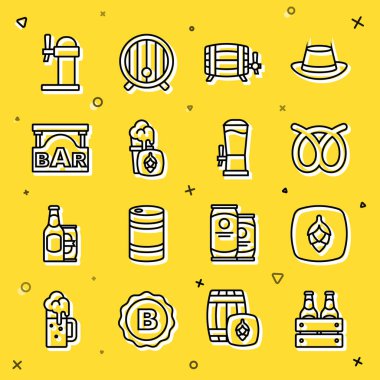 Bira şişeleri, Hop, Pretzel, tahta fıçı, Glass, Bar, Dispenser ve bira ikonlu sokak tabelaları. Vektör