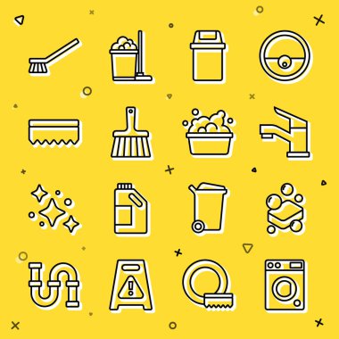 Çamaşır makinesi, sabun, musluk, çöp tenekesi, süpürge, sünger, temizlik için fırça ve köpüklü leğen. Vektör