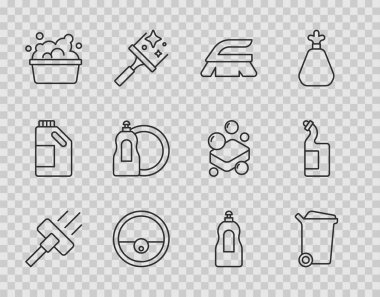 Elektrik süpürgesi, çöp tenekesi, temizlik fırçası, robot süpürgesi sabun köpüklü leğen, bulaşık deterjanı ve ikon. Vektör