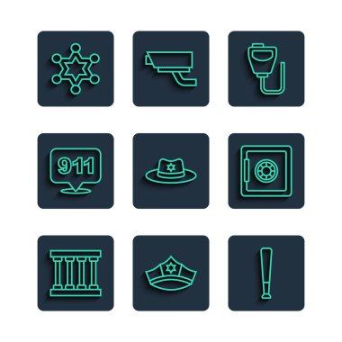 Cezaevi penceresi, polis şapkası, beysbol sopası, telsiz, şerif rozeti, telefon çağrısı 911, Hexagram şerifi ve güvenli ikon. Vektör