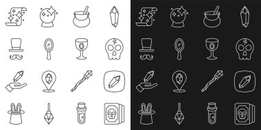 Sabit çizgi Tarot kartları, Sihirli Taş, Kafatası, Cadı kazanı, el aynası, Sihirbaz, parşömen ve Ortaçağ ikonu. Vektör