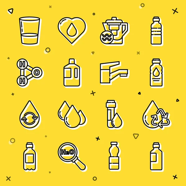 Bir şişe su, temiz su geri dönüşümü filtresi, büyük şişe, H2O için kimyasal formül, cam ve musluk ikonu. Vektör
