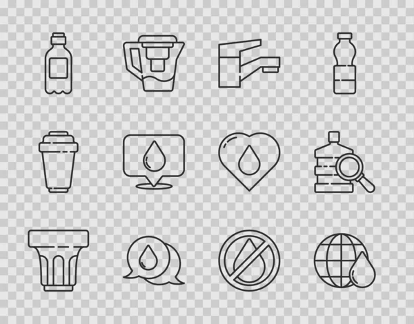 Set line Glass with water, Earth planet in drop, Water tap, speech bubbles, Bottle of, location, forbidden and Big bottle clean icon. Vector — стоковый вектор