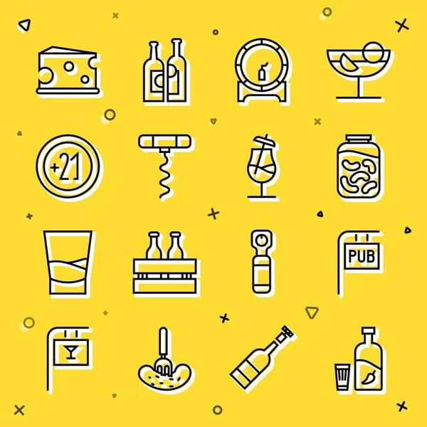 Biber ve camlı votka, sokak tabelası, kavanozda salatalık turşusu, rafta ahşap fıçı, şarap tirbuşonu, alkol 21, peynir ve kokteyl ikonu. Vektör