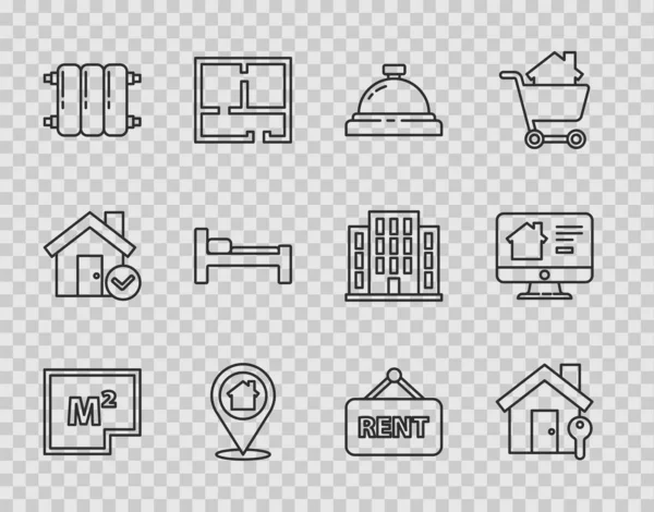 Set line Plan de la maison, avec clé, cloche de service de l'hôtel, Location maison, Chauffage radiateur, Lit, Panneau suspendu Louer et icône de l'immobilier en ligne. Vecteur — Image vectorielle