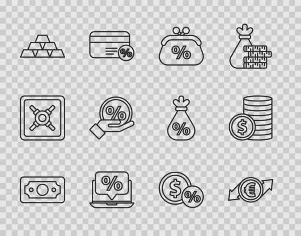 Set line Stacks paper money cash, Financial growth and euro coin, Purse percent, Percent discount laptop, Gold bars, Discount tag, Money with and Coin dollar icon. Vector — Stockvektor